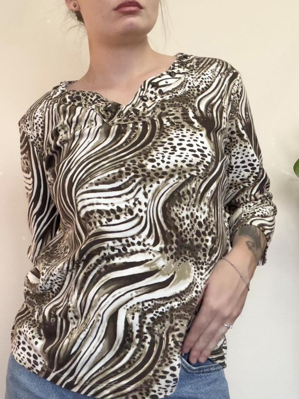 Y2K Vintage Brown & White Cheetah Zebra Print Top Size M